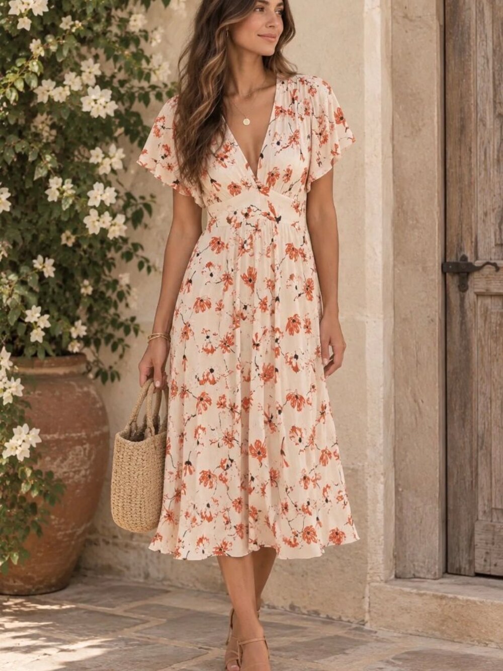 Rue Stiic Orange & Off White Floral Midi Dress Deep V-Neck XS